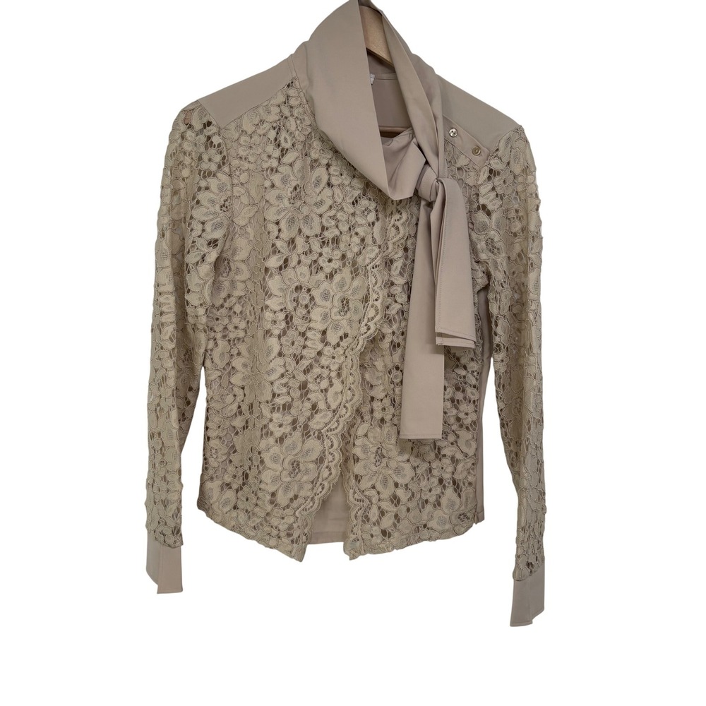 Nara Camicie Beige Floral Lace Neck Bow Blouse Made in Italy Long Sleeve Top